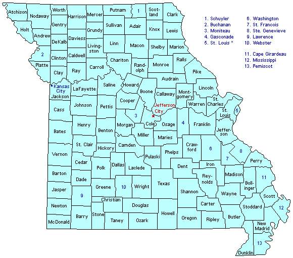 Missouri County Outline Map.